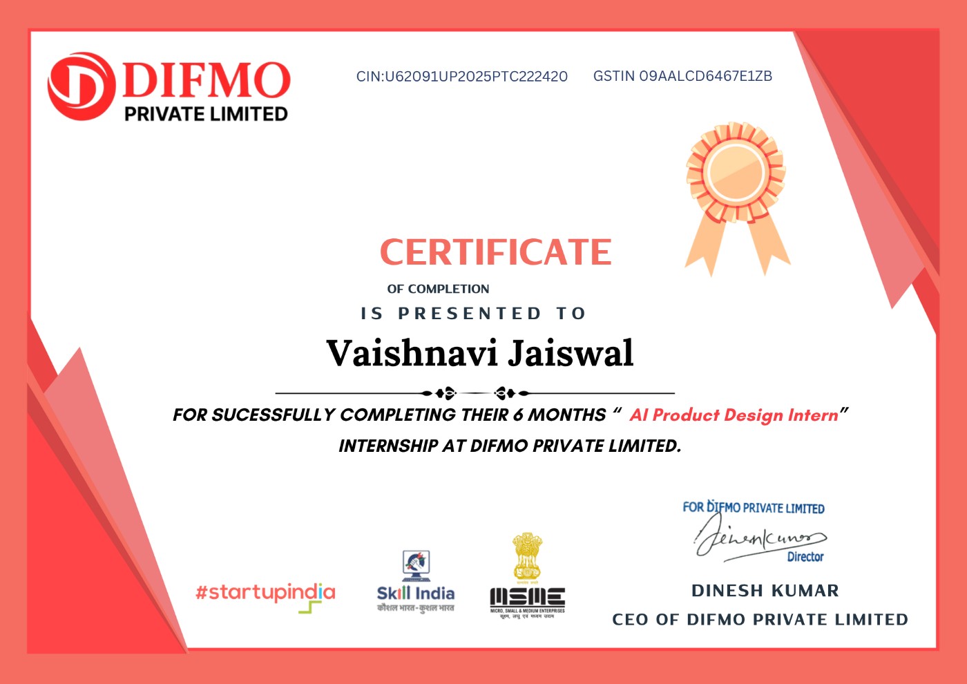 Certificate of completion awarded to Vaishnavi Jaiswal for a six-month AI Product Design Intern internship at Difmo Private Limited