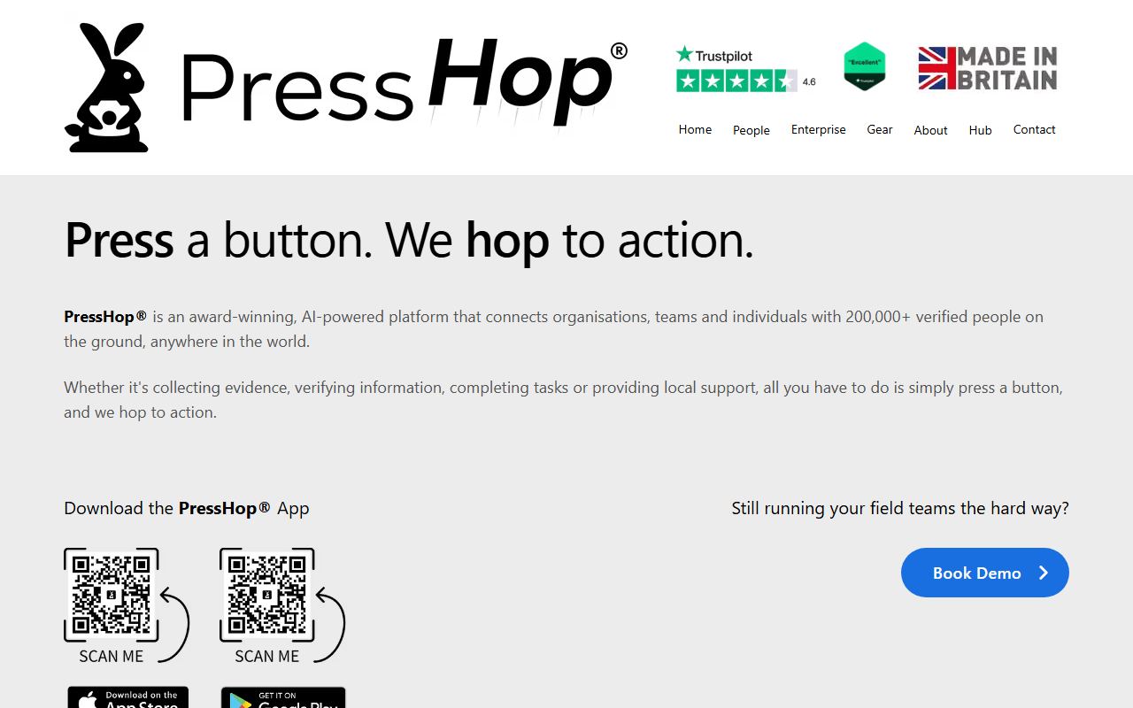 Screenshot of the PressHop platform homepage